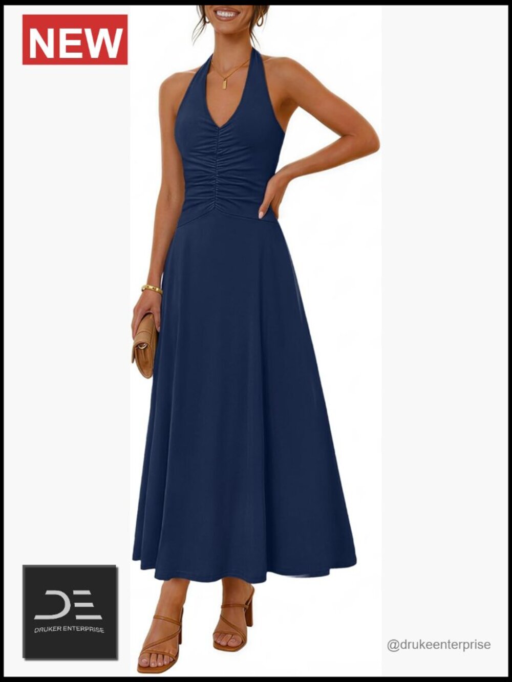 Women's Formal Halter Maxi Dress Sleeveless V Neck Ruched Backless Cocktail